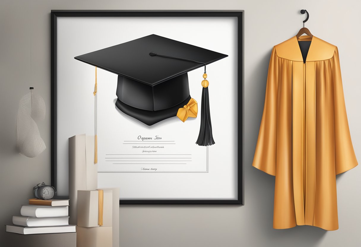 A graduation cap and gown hanging on a wall, with a diploma from Oregon State University framed and displayed nearby