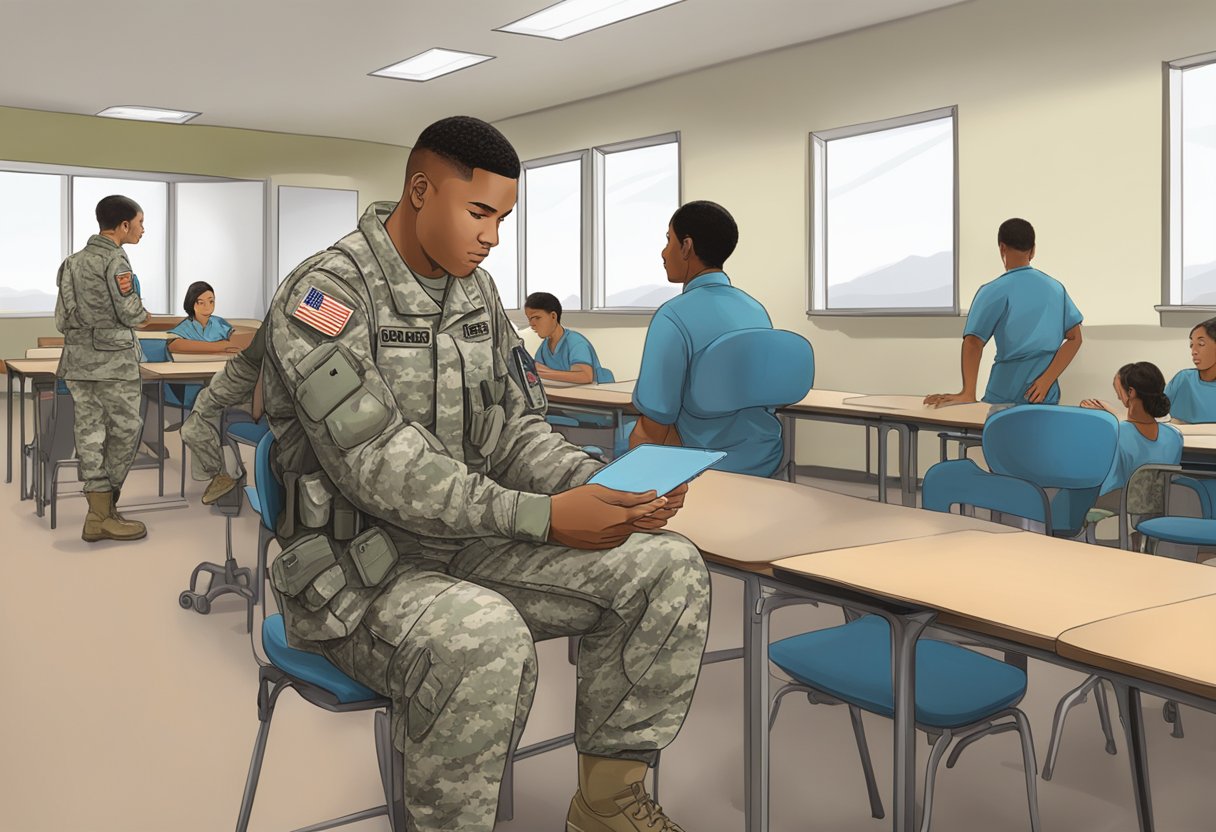 A soldier in uniform receiving medical training in a classroom at Oregon State University